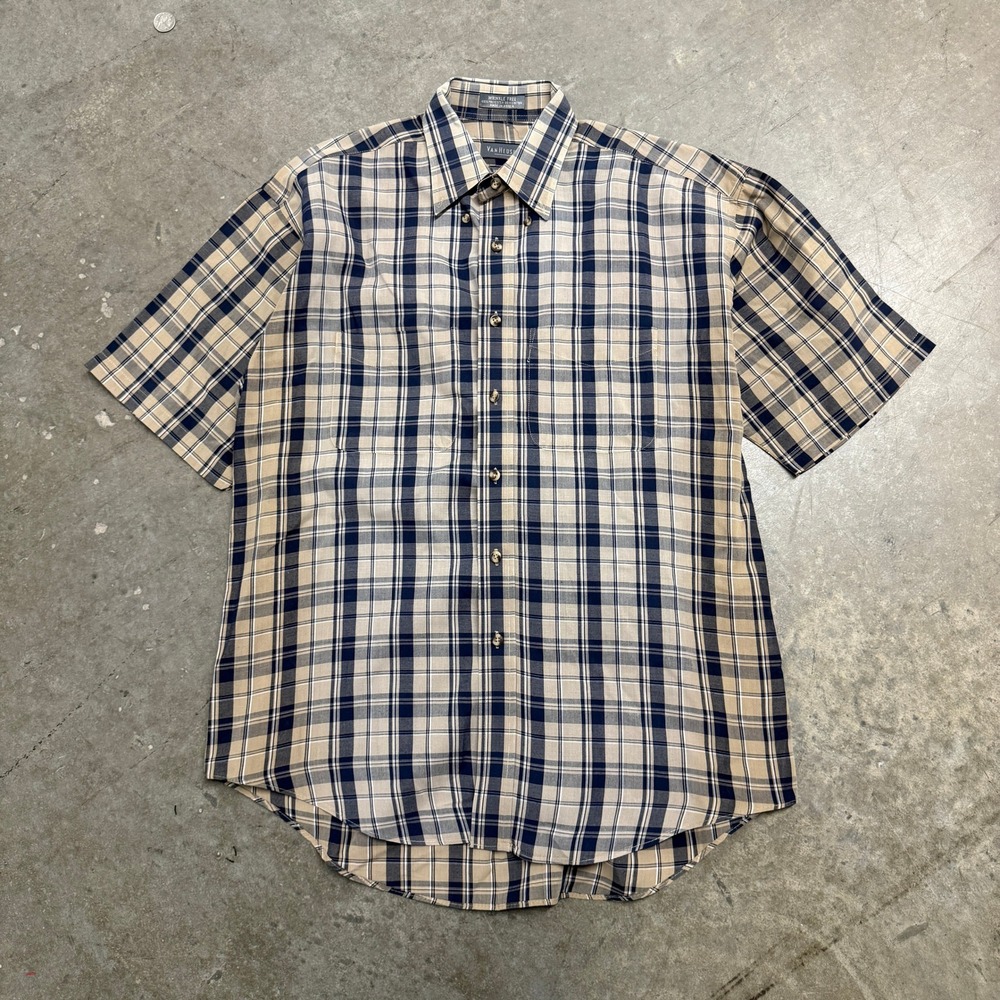 Van Heusen Mens Plaid Button Down Shirt Navy Blue Wrinkle Free Short Sleeve M